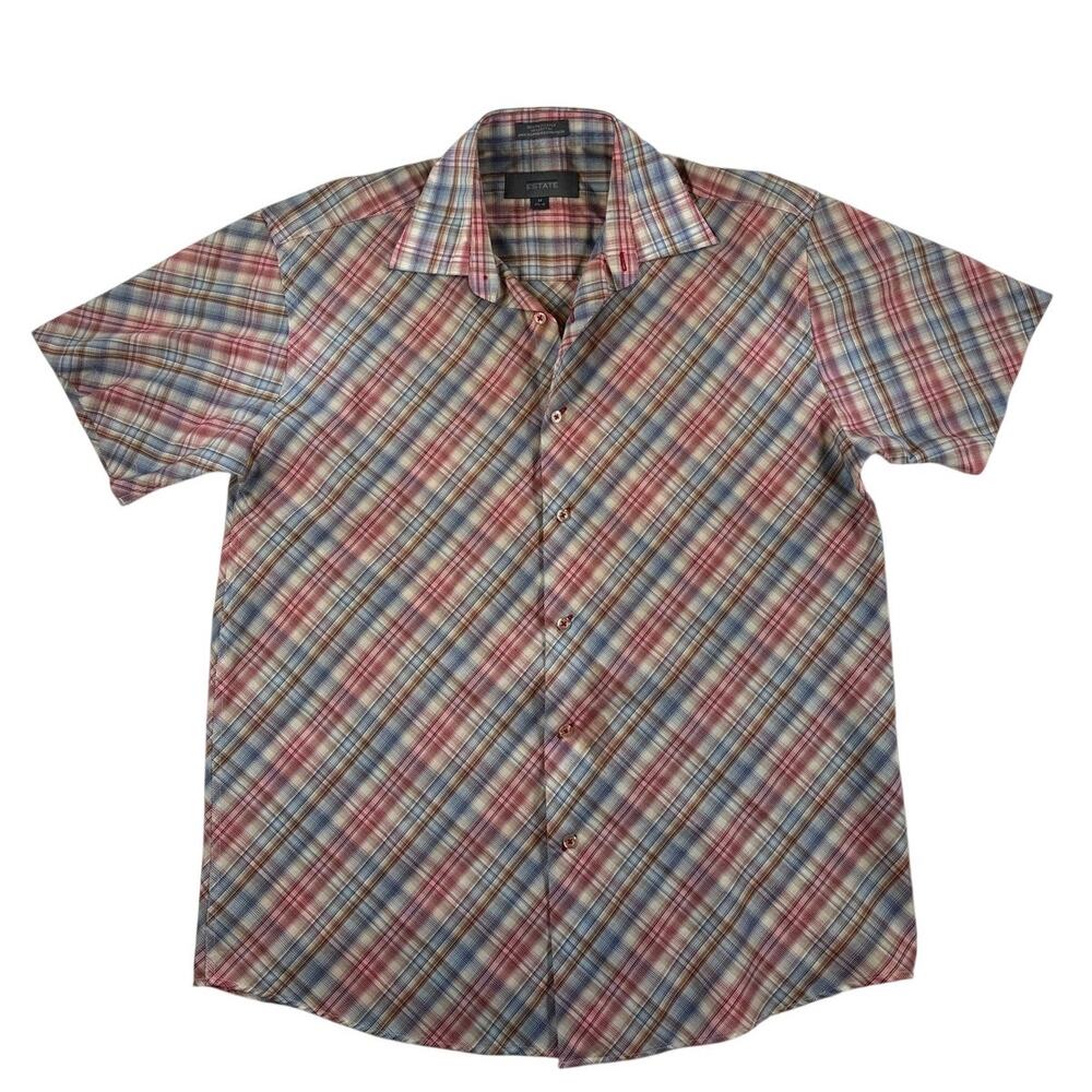 Estate Mens Short Sleeve Button Up Shirt - White Red Blue - Medium 15.5-16